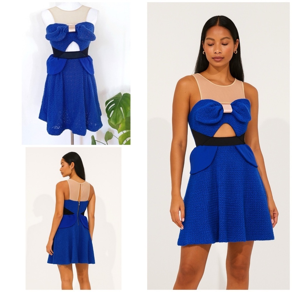 EUC Three Floor Colbalt Blue Mesh Bow Peplum Dress​​​​​​​